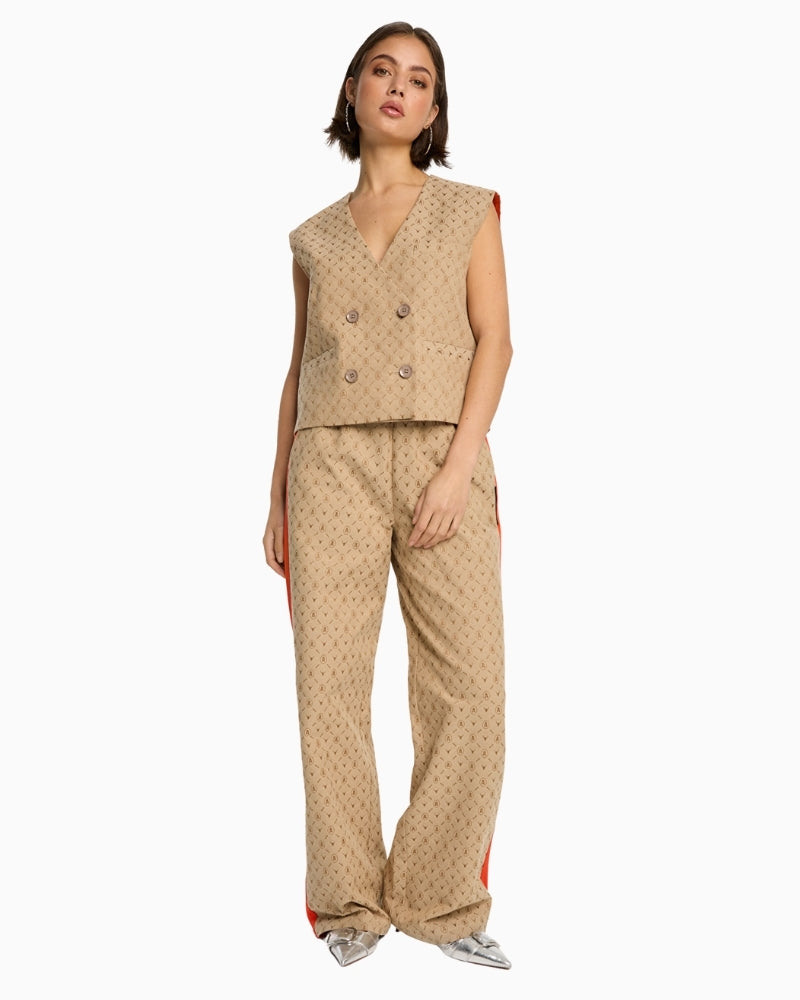 Alix The Label camel wide-leg pants in jacquard logo fabric with side tape