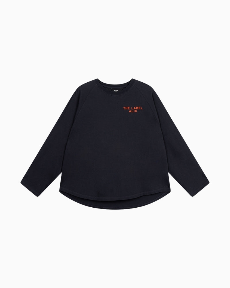 Front view charcoal grey raglan top with crew neckline by Alix