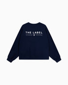 Back view of Alix navy sweater showing bold THE LABEL artwork print
