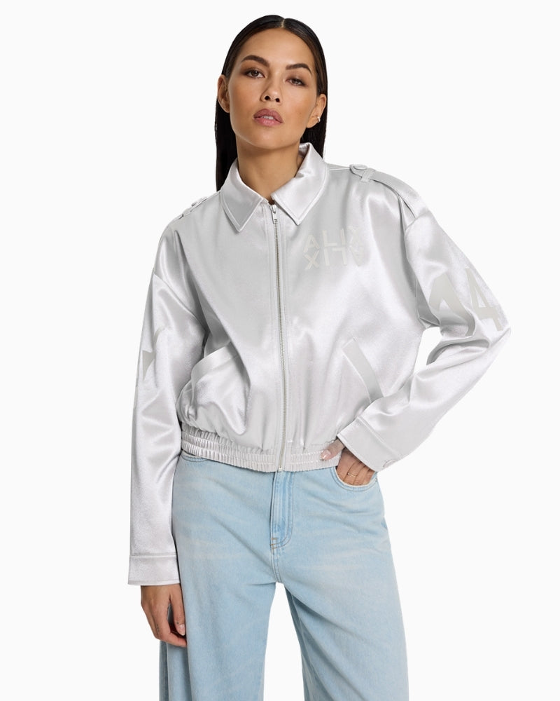 Alix The Label shiny artwork bomber jacket silver front view – Áines Boutique