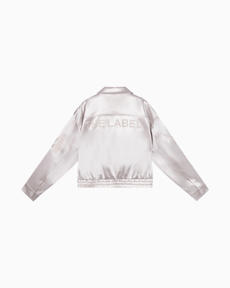 Alix The Label shiny artwork bomber jacket silver back on white background – Áines Boutique