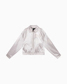 Alix The Label shiny artwork bomber jacket silver front on white background – Áines Boutique