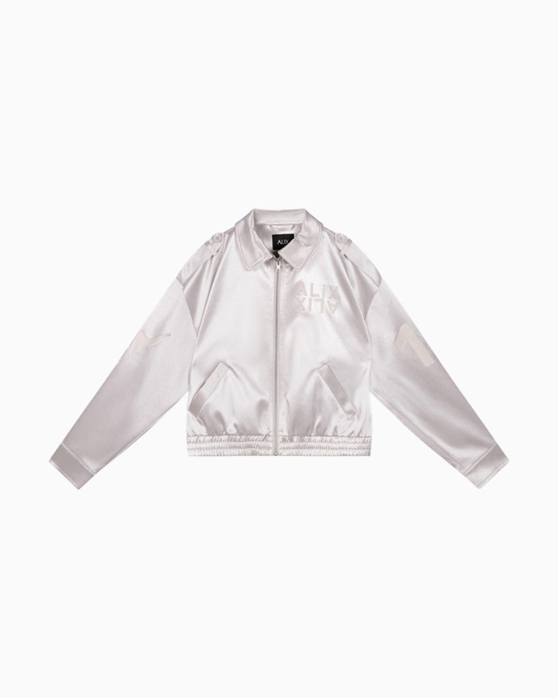 Alix The Label shiny artwork bomber jacket silver front on white background – Áines Boutique
