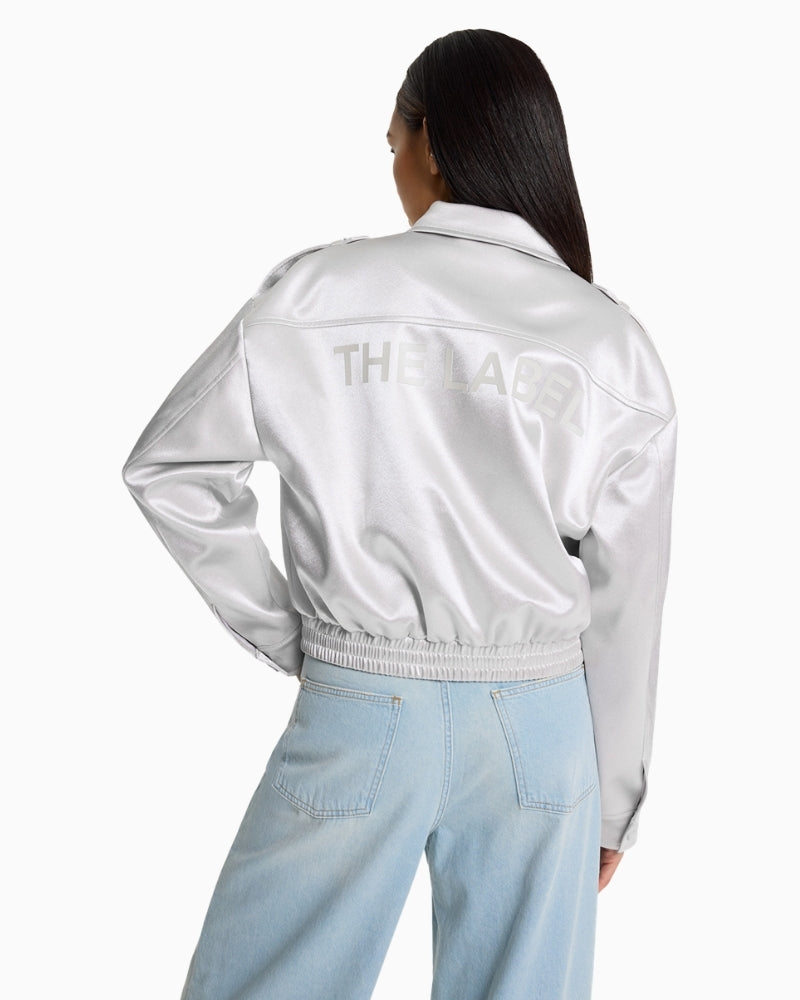 Alix The Label shiny artwork bomber jacket silver back view – Áines Boutique
