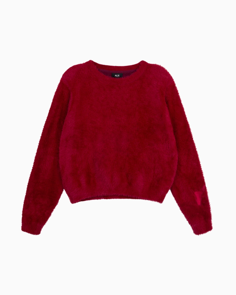 Front view of ALIX mohair-style jumper with round neckline and rib trim