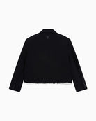 Back view of women's blazer with bull embroidery and soft draped fabric