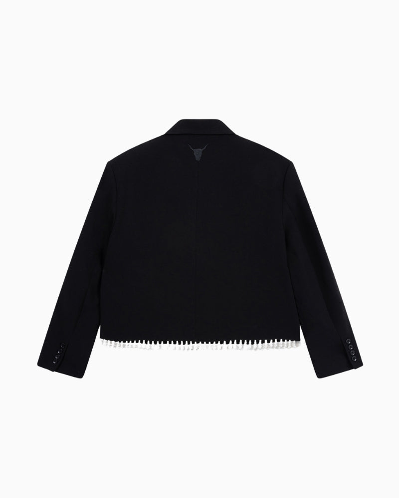 Back view of women's blazer with bull embroidery and soft draped fabric