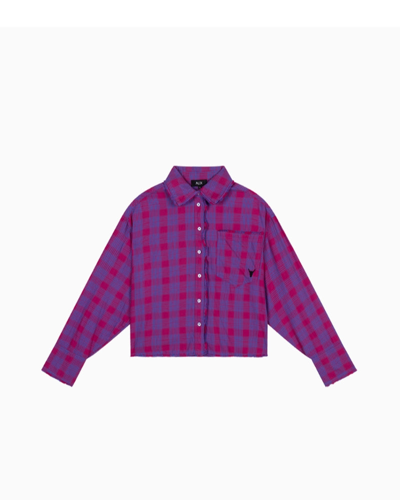 Flat lay front view of Alix check blouse with button-up front