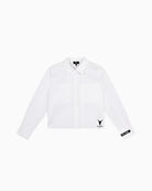 Flat lay front view of white cropped blouse with chest pockets and branded cuffs