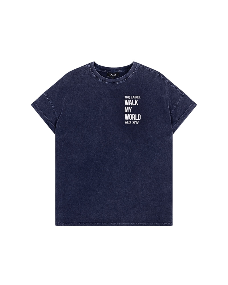 Front flat lay of navy graphic tee with small chest print by Alix the Label