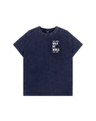 Front flat lay of navy graphic tee with small chest print by Alix the Label