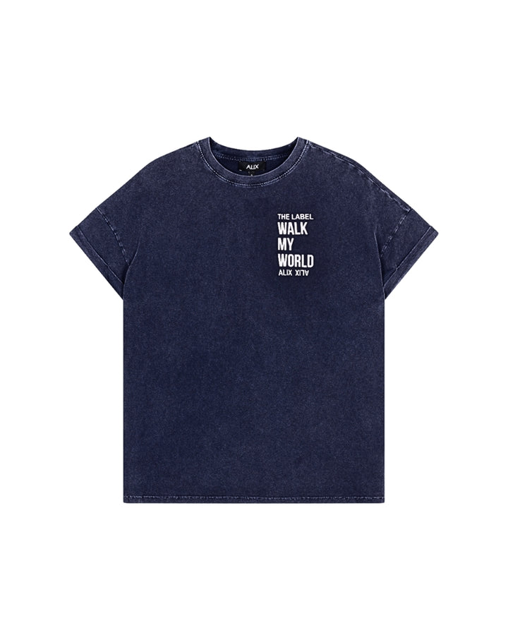 Front flat lay of navy graphic tee with small chest print by Alix the Label