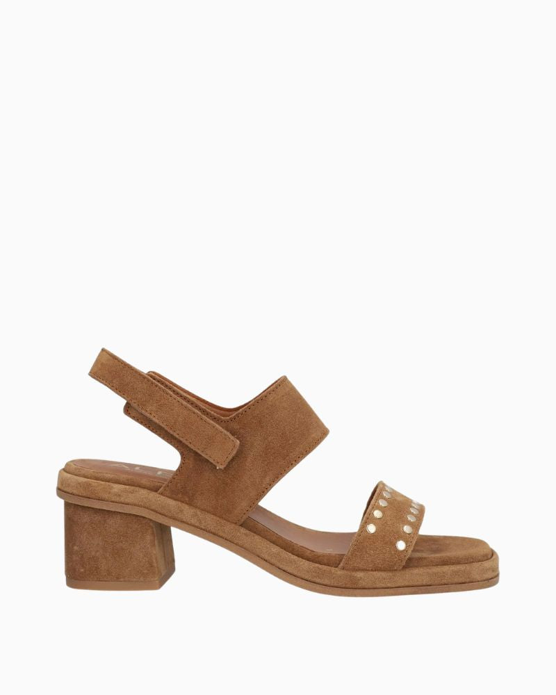 Side view of Alpe brown leather sandals showing non-slip sole and mid heel