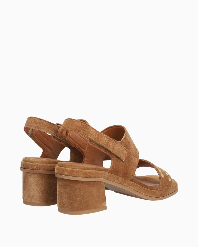 Back view of Alpe brown leather sandals showing non-slip sole and mid heel
