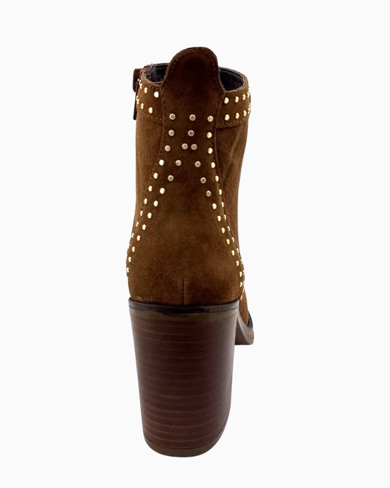 Back view of brown ankle boot with zip and textured heel
