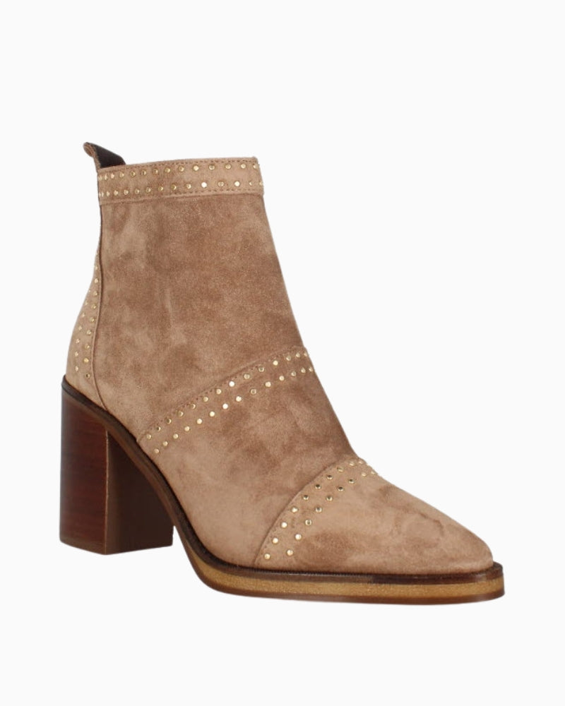 Side view of boot showing 8.5cm block heel and soft suede