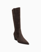 Alpe Knee High Boots in Brown angled view showing suede-look finish and stitched detailing