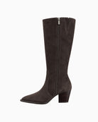 Alpe Knee High Boots in Brown inner side view showing zip fastening and stacked block heel