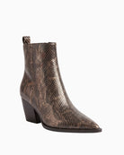 Alpe Snake Print Ankle Boots in Snake angled view showing pointed toe and textured pattern