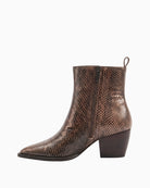 Alpe Snake Print Ankle Boots in Snake inner side view showing zip fastening and stacked block heel