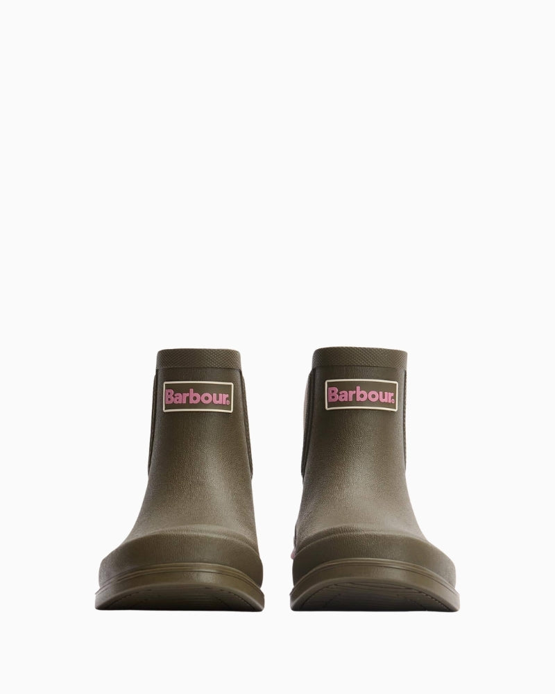 Barbour Abbeyfield packable ankle wellingtons olive front view – Áines Boutique