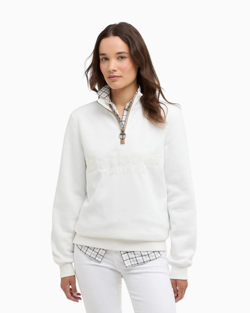 Barbour Cynthia half zip jumper white, woman wearing front view – Áines Boutique