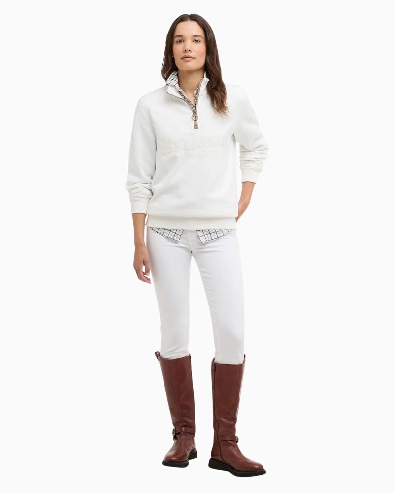 Barbour Cynthia half zip jumper white, woman wearing front view – Áines Boutique