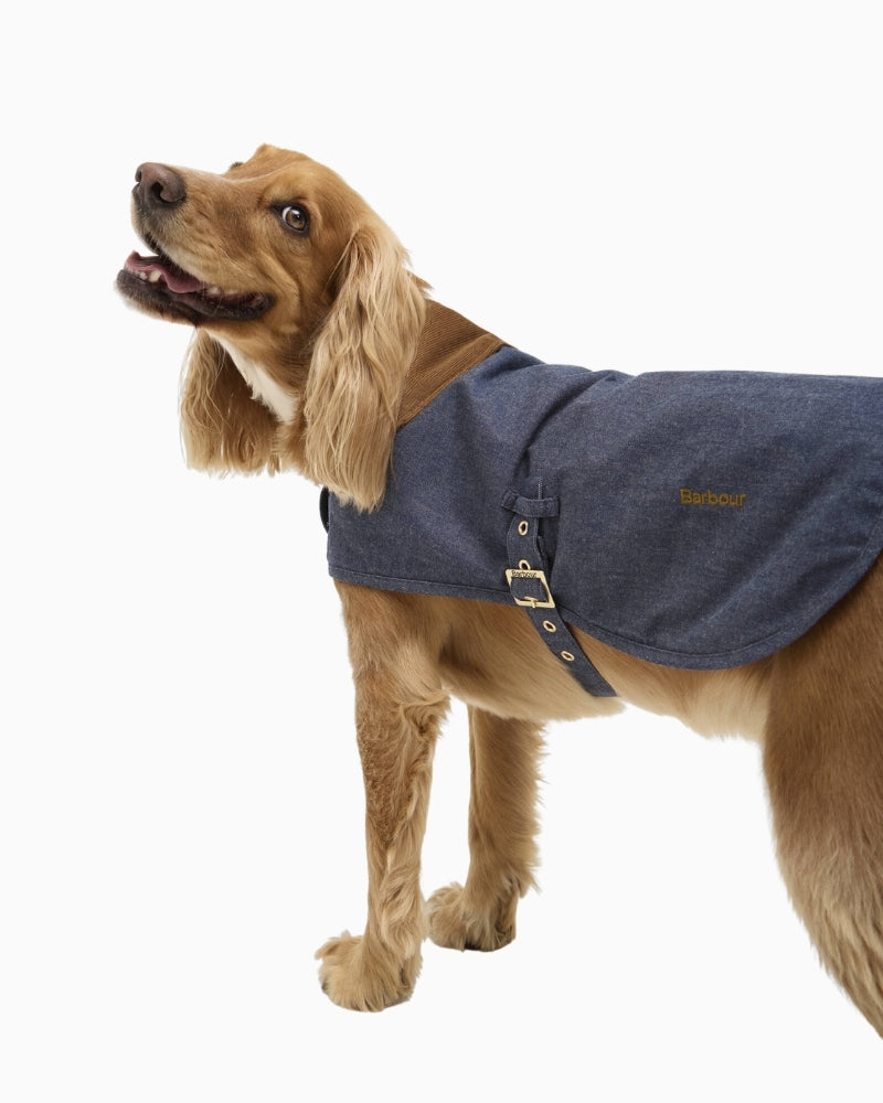 Barbour denim dry wax dog coat side view on dog – Áines Boutique