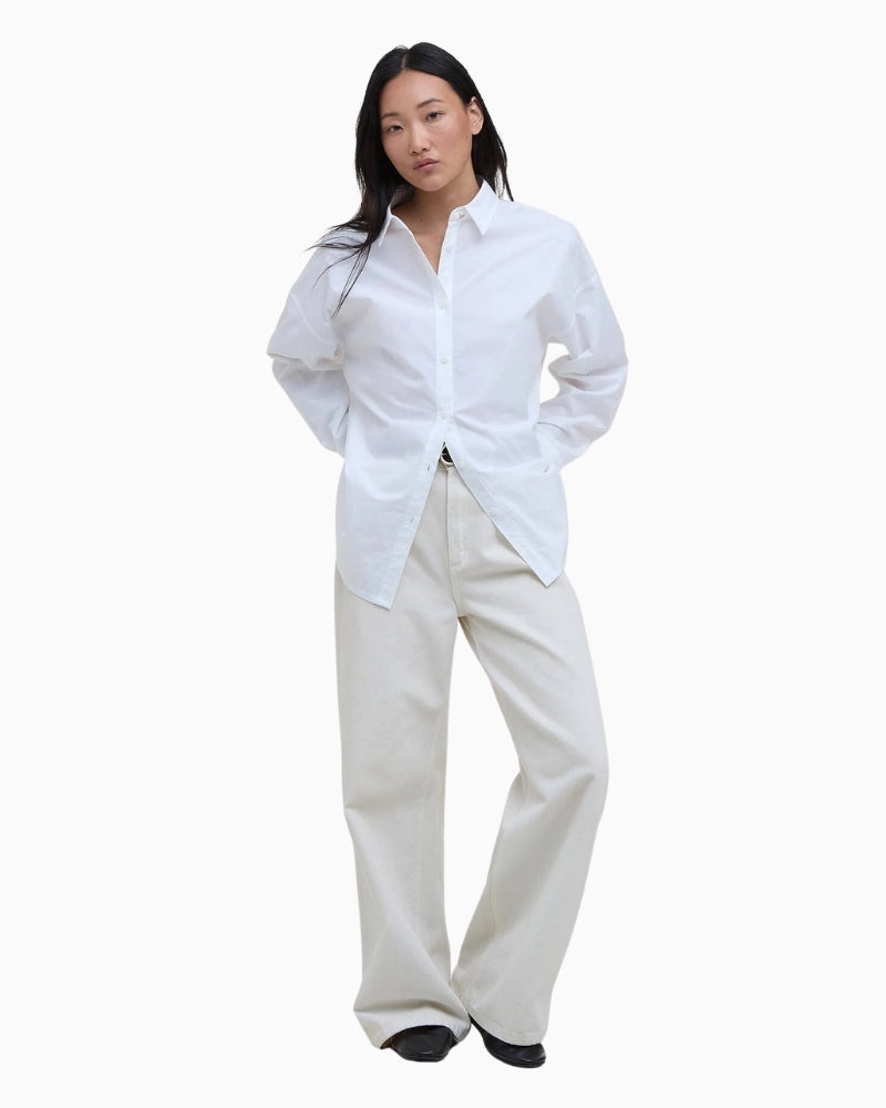 Woman wearing Barbour Edith oversized white shirt – Áines Boutique