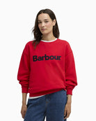 Barbour Hartland logo sweatshirt red, woman wearing front view – Áines Boutique