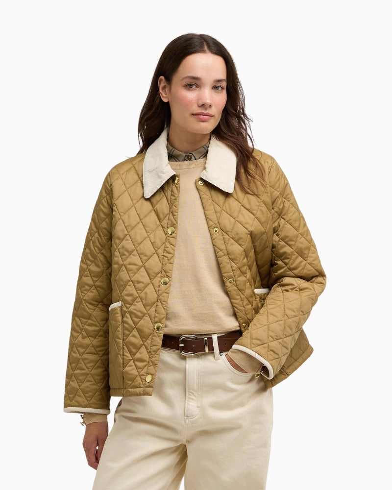 Barbour Cropped Liddesdale quilted jacket beige front view – Áines Boutique