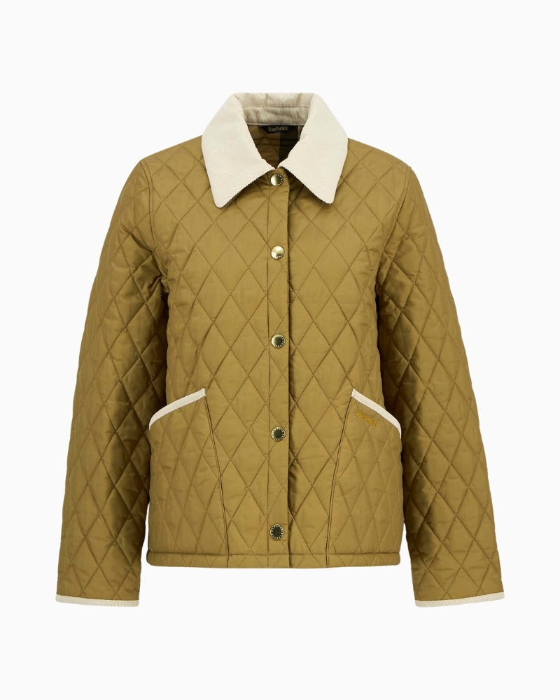 Barbour Cropped Liddesdale quilted jacket beige on white background front view – Áines Boutique