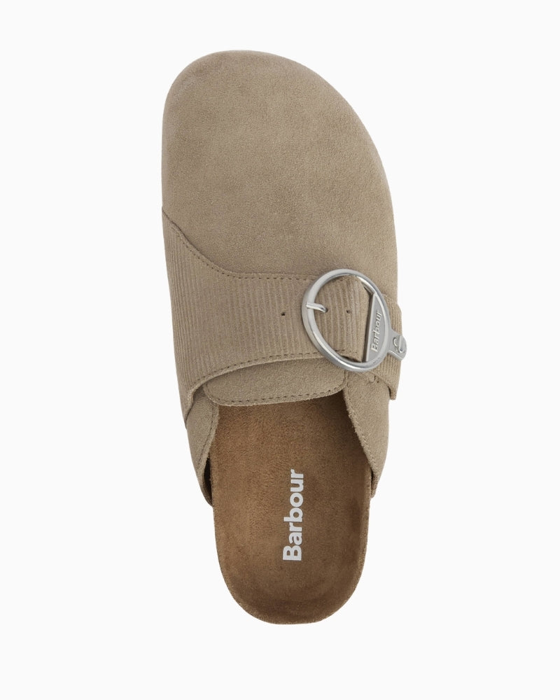Barbour Kyra suede closed-toe mules beige upper view – Áines Boutique