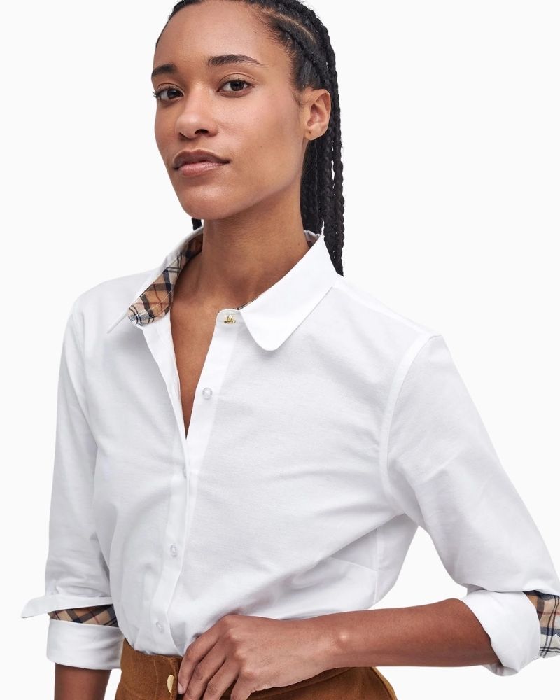 Barbour white slim fit shirt with tartan detail on collar and elbow patches