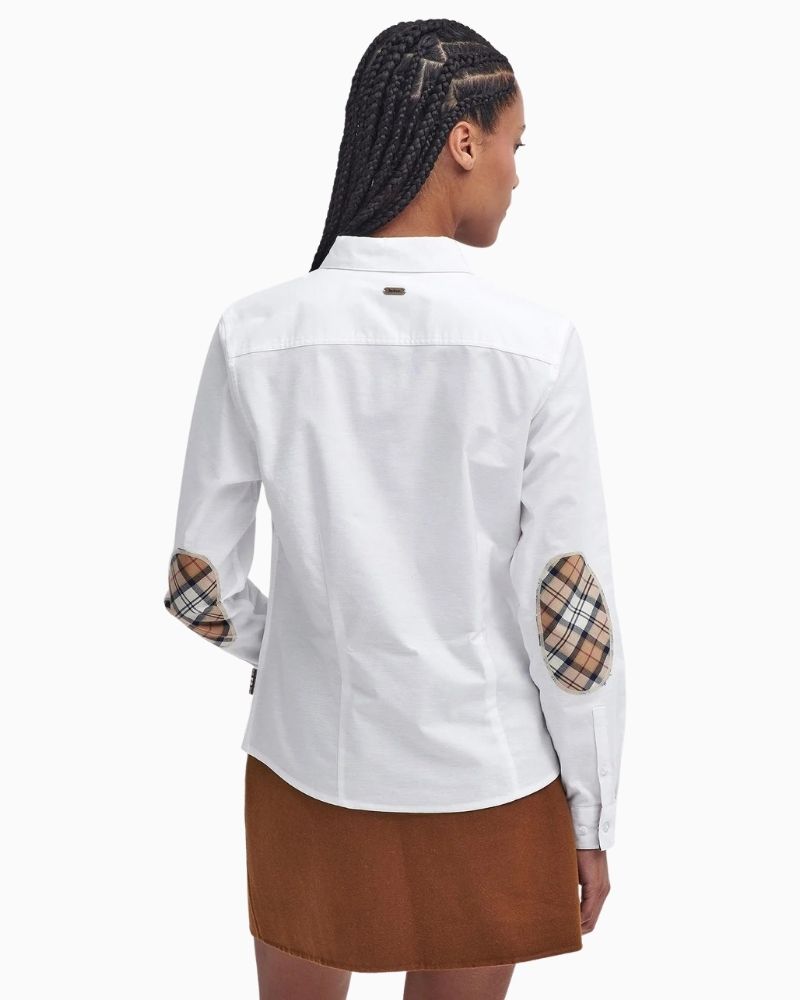 Back of Barbour white slim fit shirt with tartan detail on collar and elbow patches