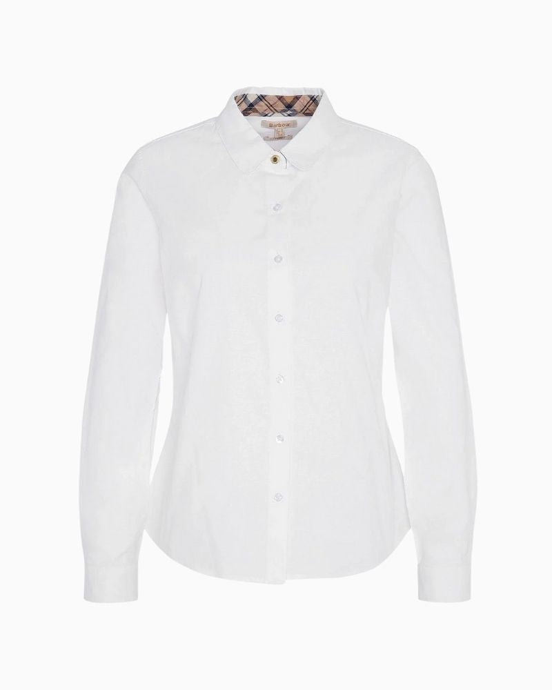 Barbour white slim fit shirt with tartan detail on collar and elbow patches