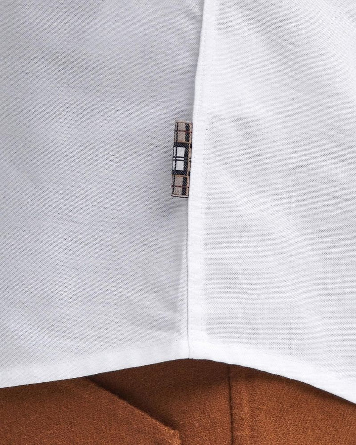 Close-up of Barbour Lavender shirt showing cotton stretch and heritage accents