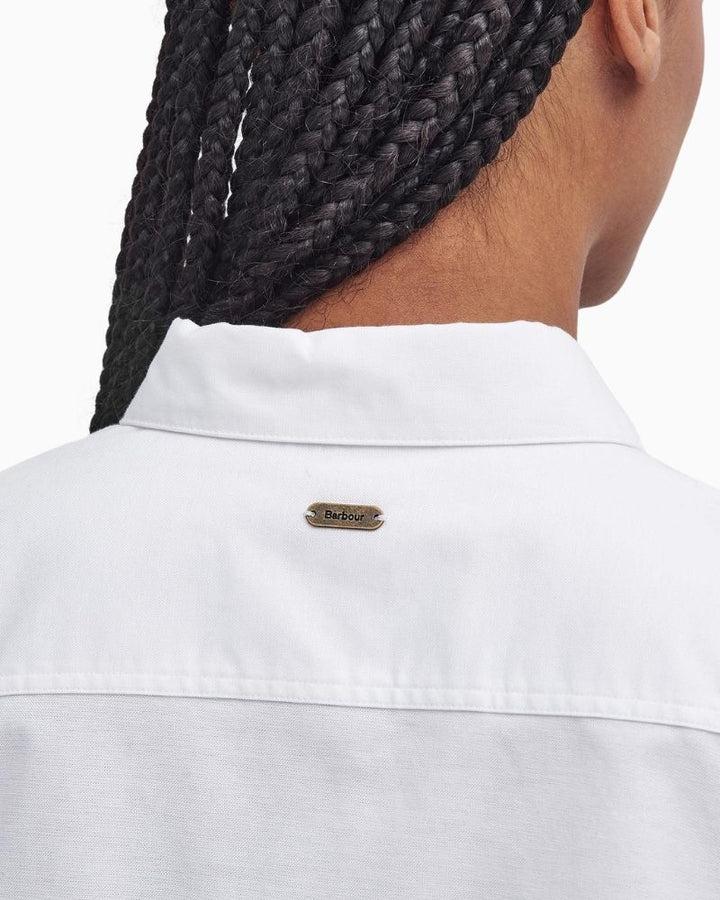 Close-up of back Barbour Lavender shirt showing cotton stretch and heritage accents