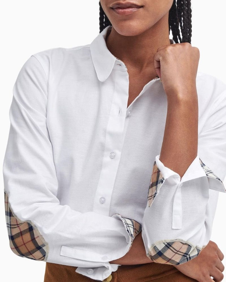 Close-up of Barbour Lavender shirt showing cotton stretch and heritage accents