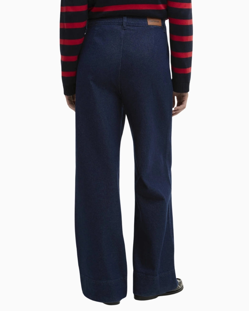 Barbour Maia wide leg jeans indigo, woman wearing back view – Áines Boutique