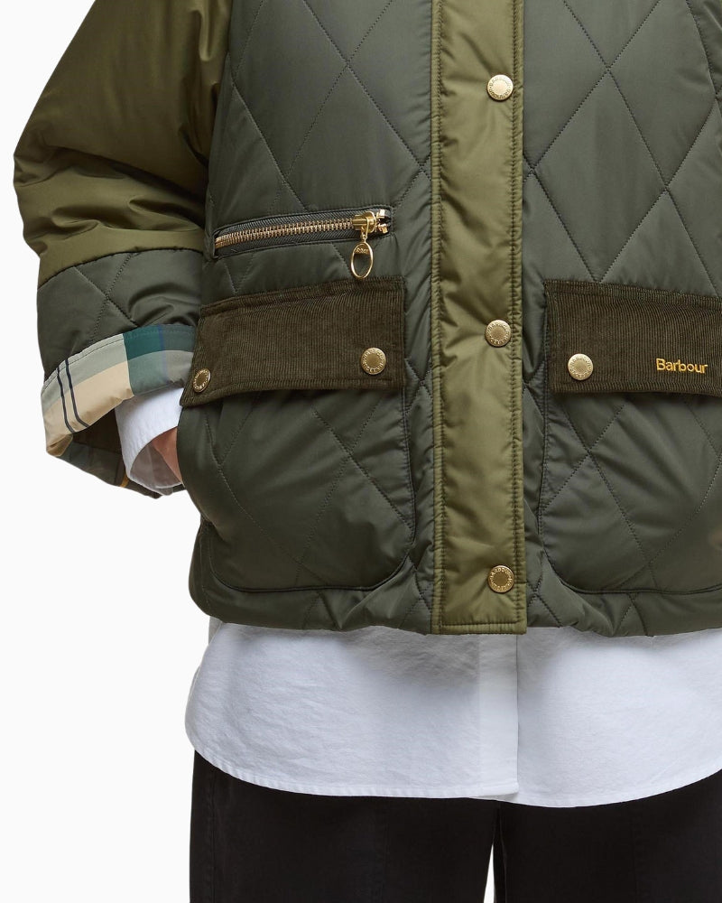 Close-up of cord collar and stud placket on Barbour quilted jacket