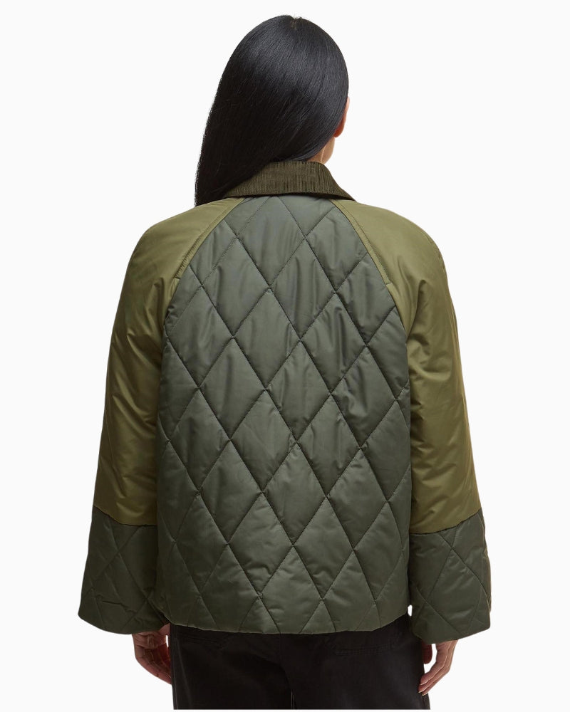 Back view of quilted Barbour jacket highlighting classic cut and texture