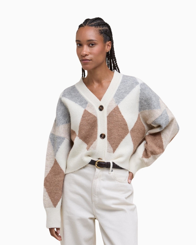 Barbour Silvia cardigan in neutral tri-colour diamond wool blend