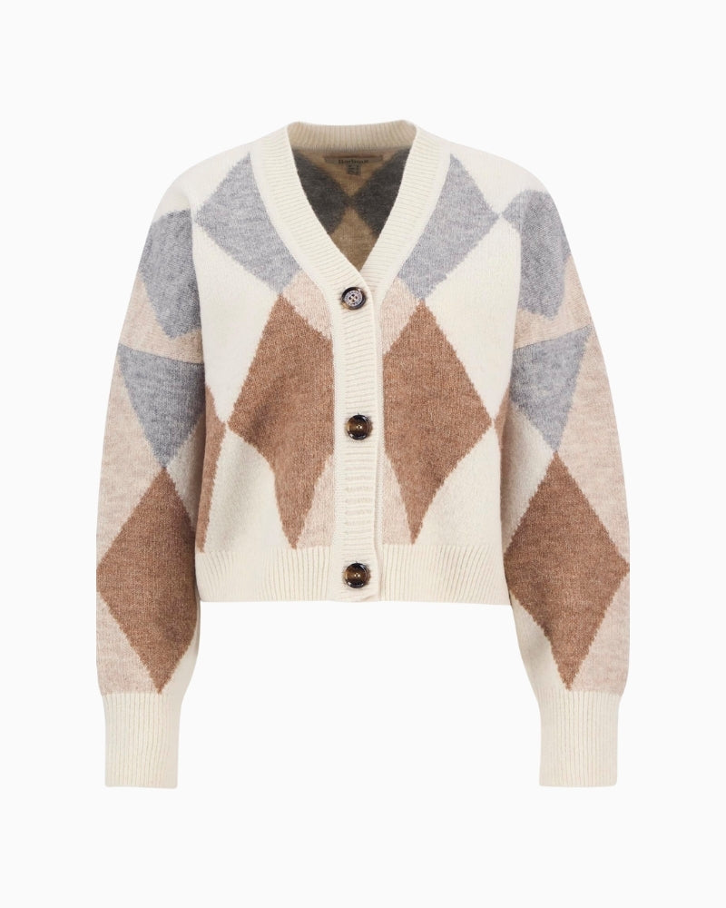 Barbour Silvia cardigan in neutral tri-colour diamond wool blend