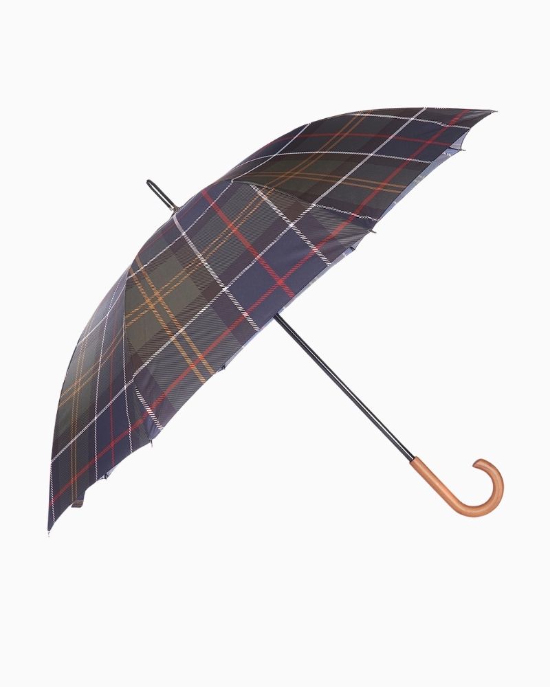 Barbour walking umbrella with large tartan canopy and wooden curved handle