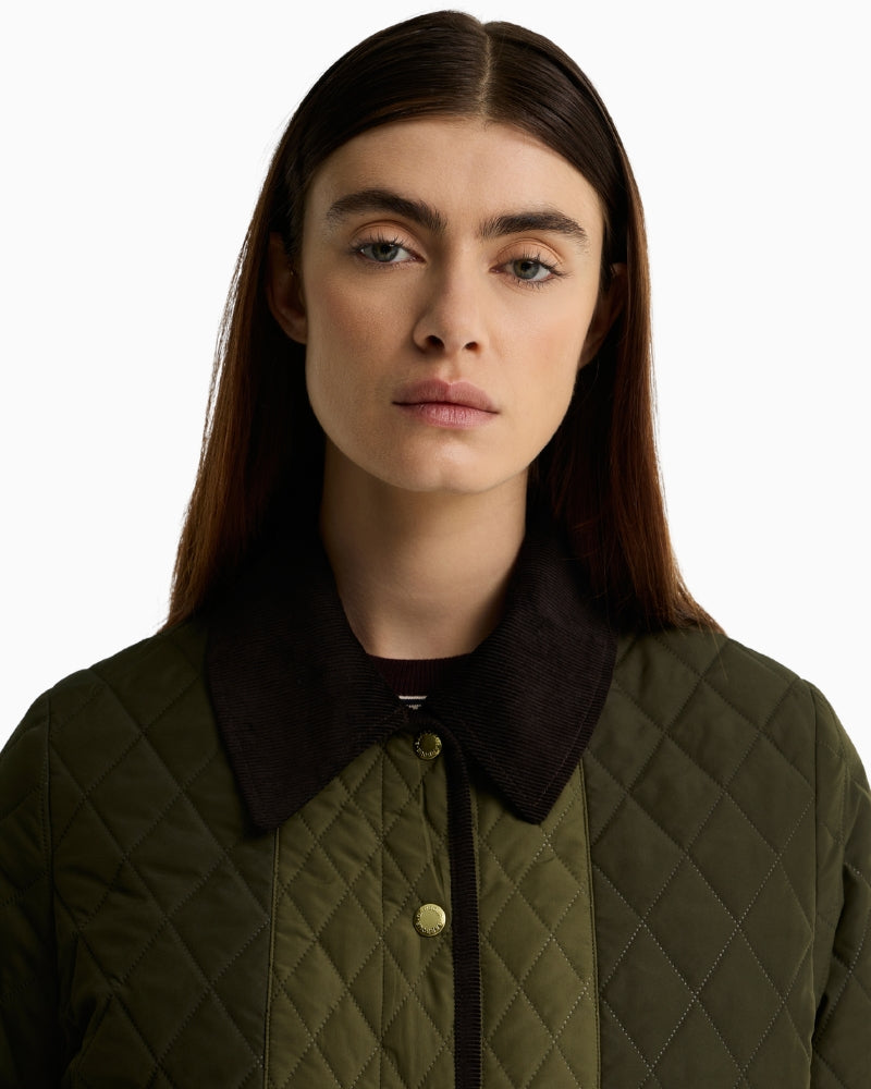 Barbour Ainsdale Patchwork Quilted Jacket in Olive cord collar detail
