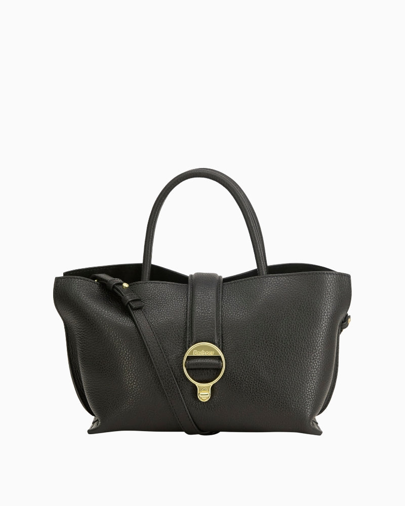 Barbour Alder Mini Leather Tote Bag in Black front view