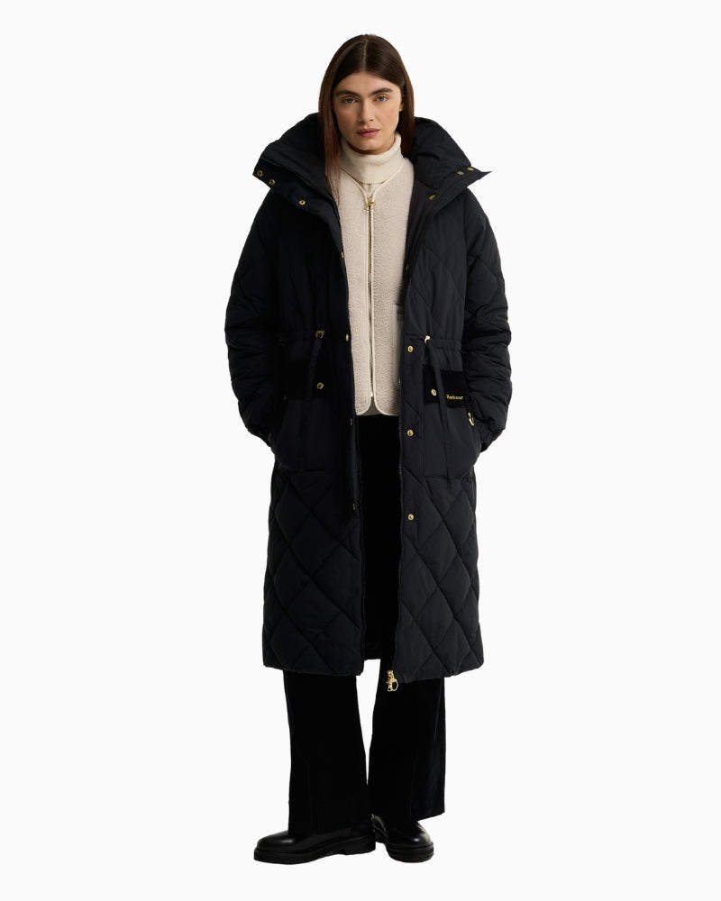 Barbour Alverstone Puffer Jacket black front detail gold hardware
