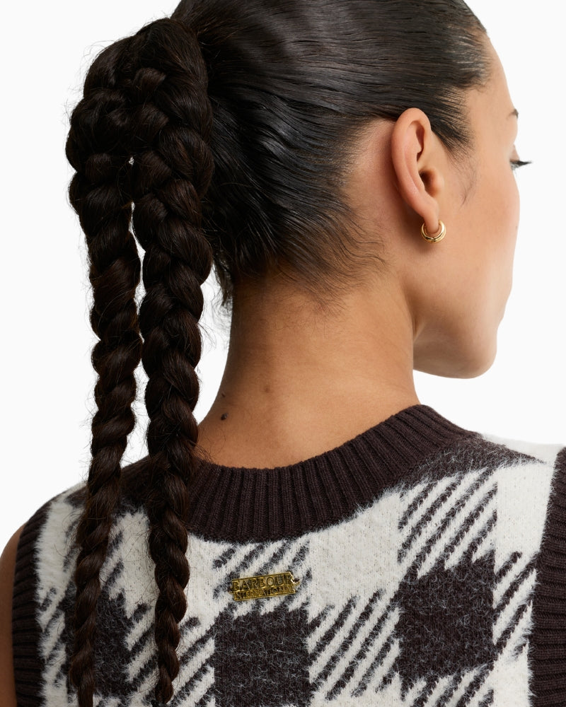 Barbour Amaya Check Knitted Vest in Brown/Cream back logo detail