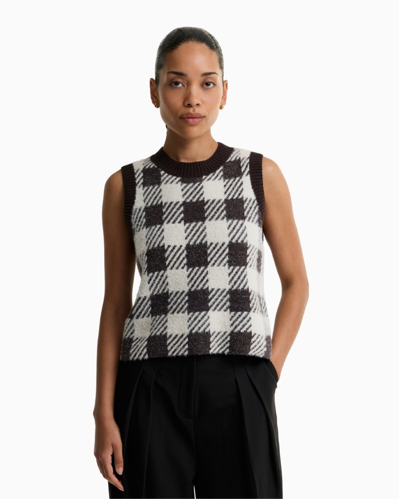 Barbour Amaya Check Knitted Vest in Brown/Cream front view